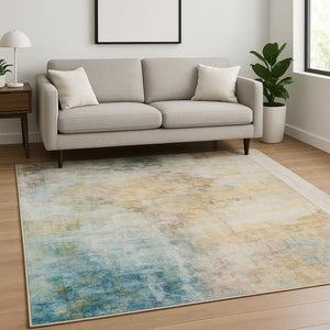 HomeRoots 5' Contemporary Blue and Yellow Abstract Area Rug - Durable, Stain-Resistant Design for Modern Spaces 5' X 7' 509498
