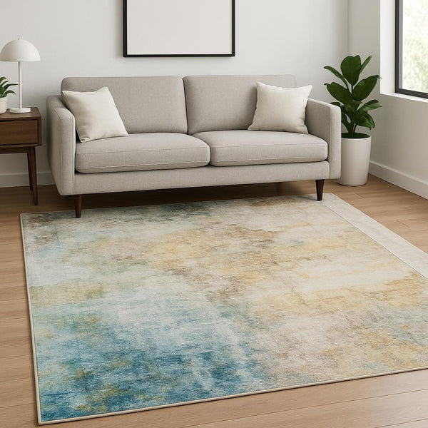 HomeRoots 5' Contemporary Blue and Yellow Abstract Area Rug - Durable, Stain-Resistant Design for Modern Spaces 5' X 7' 509498