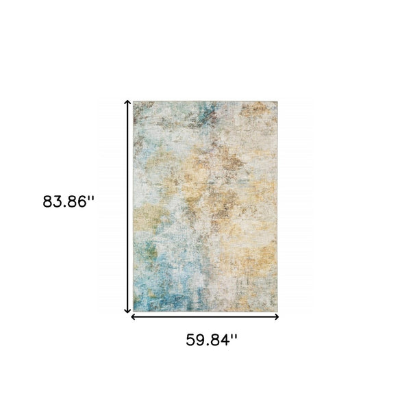 HomeRoots 5' Contemporary Blue and Yellow Abstract Area Rug - Durable, Stain-Resistant Design for Modern Spaces 5' X 7' 509498