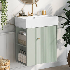 English Elm 21.6 Modern Floating Bathroom Vanity with Ceramic Basin, Wave Door, Rose Gold Handle, Space-Saving Green N729P170390F