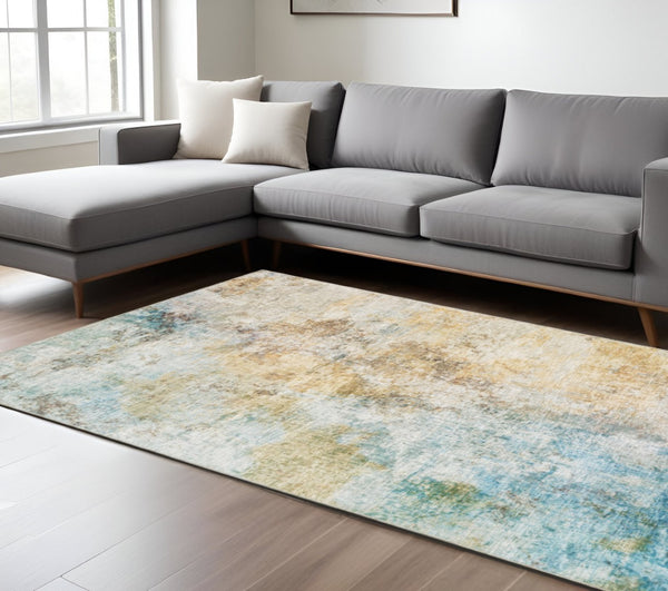 HomeRoots 5' Contemporary Blue and Yellow Abstract Area Rug - Durable, Stain-Resistant Design for Modern Spaces 9' X 12' 509500