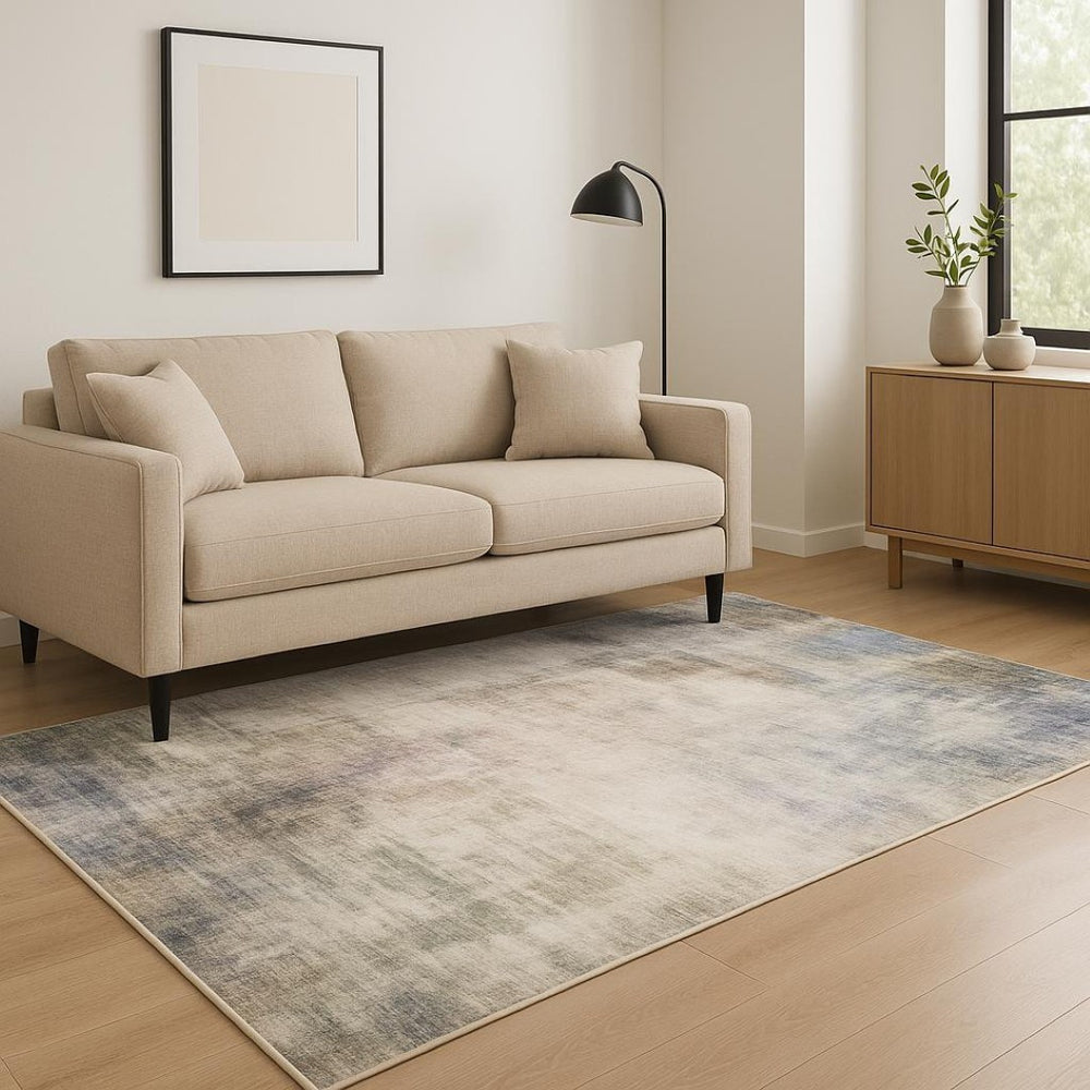 HomeRoots 5' Abstract Power Loom Area Rug in Multi-Tonal Beige, Blue, Grey, Green, Brown & Purple for Homes 5' X 7' 509502