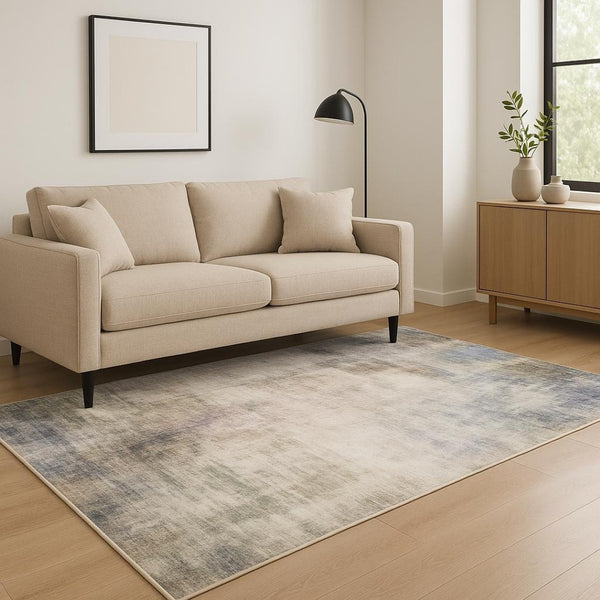 HomeRoots 5' Abstract Power Loom Area Rug in Multi-Tonal Beige, Blue, Grey, Green, Brown & Purple for Homes 5' X 7' 509502