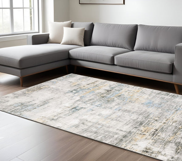 HomeRoots 5' Gray And Ivory Abstract Area Rug - Modern, Stain-Resistant Design for Busy Homes and Stylish Spaces 9' X 12' 509508