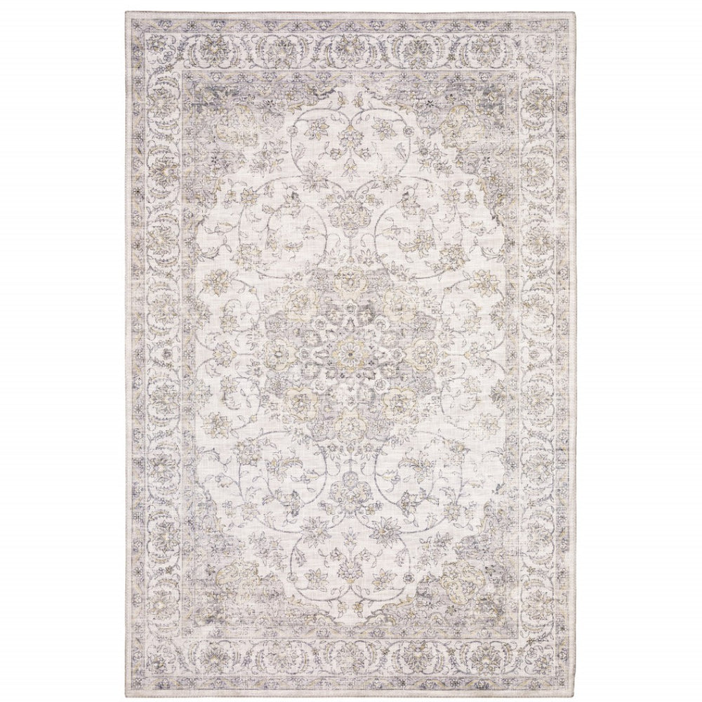 HomeRoots 5' Beige Gold and Grey Oriental Area Rug - Durable, Stain-Resistant, Perfect for High-Traffic Spaces 5' X 7' 509514