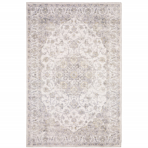 Homeroots 5' X 7' Beige Gold And Grey Oriental Power Loom Stain Resistant Area Rug  Polyester 509514