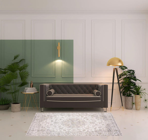 Homeroots 5' X 7' Beige Gold And Grey Oriental Power Loom Stain Resistant Area Rug  Polyester 509514