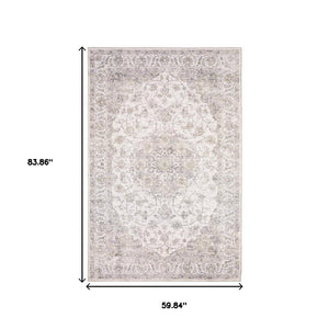 HomeRoots 5' Beige Gold and Grey Oriental Area Rug - Durable, Stain-Resistant, Perfect for High-Traffic Spaces 5' X 7' 509514