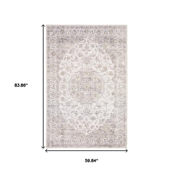 HomeRoots 5' Beige Gold and Grey Oriental Area Rug - Durable, Stain-Resistant, Perfect for High-Traffic Spaces 5' X 7' 509514