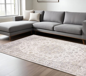 HomeRoots 5' Beige Gold and Grey Oriental Area Rug - Durable, Stain-Resistant, Perfect for High-Traffic Spaces 9' X 12' 509516