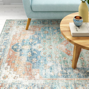 HomeRoots 5' Vibrant Oriental Area Rug in Orange, Blue, Teal, and Beige - Stain-Resistant Durability for Homes 5' X 7' 509522