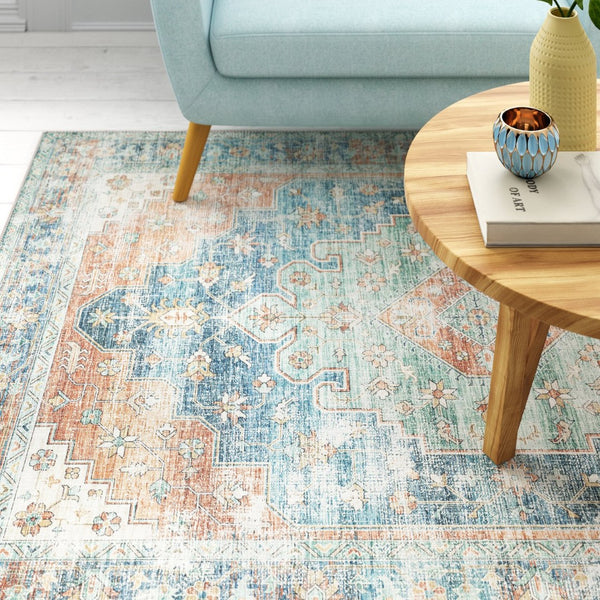 HomeRoots 5' Vibrant Oriental Area Rug in Orange, Blue, Teal, and Beige - Stain-Resistant Durability for Homes 5' X 7' 509522