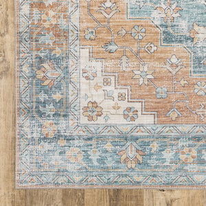HomeRoots 5' Vibrant Oriental Area Rug in Orange, Blue, Teal, and Beige - Stain-Resistant Durability for Homes 5' X 7' 509522