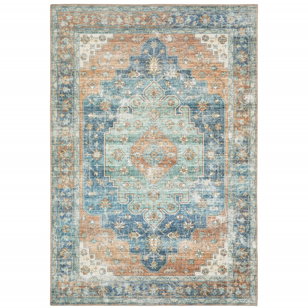 HomeRoots 5' Vibrant Oriental Area Rug in Orange, Blue, Teal, and Beige - Stain-Resistant Durability for Homes 8' X 10' 509523