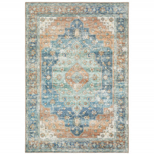 HomeRoots 5' Vibrant Oriental Area Rug in Orange, Blue, Teal, and Beige - Stain-Resistant Durability for Homes 8' X 10' 509523