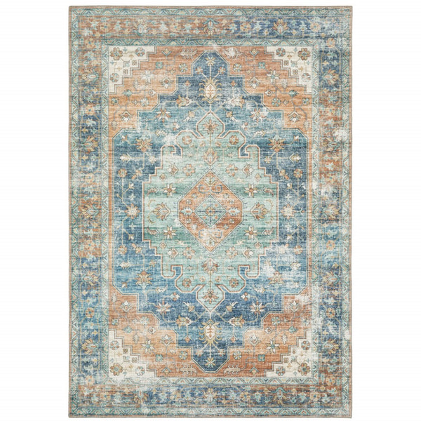HomeRoots 5' Vibrant Oriental Area Rug in Orange, Blue, Teal, and Beige - Stain-Resistant Durability for Homes 8' X 10' 509523