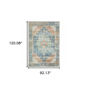 HomeRoots 5' Vibrant Oriental Area Rug in Orange, Blue, Teal, and Beige - Stain-Resistant Durability for Homes 8' X 10' 509523