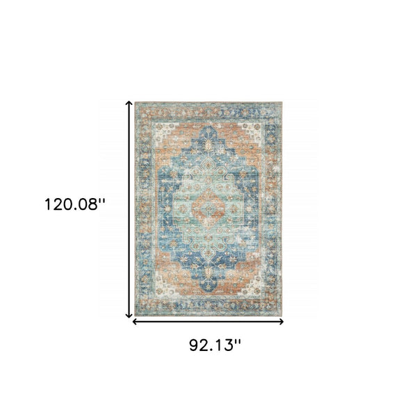 HomeRoots 5' Vibrant Oriental Area Rug in Orange, Blue, Teal, and Beige - Stain-Resistant Durability for Homes 8' X 10' 509523