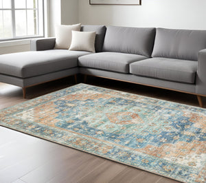 HomeRoots 5' Vibrant Oriental Area Rug in Orange, Blue, Teal, and Beige - Stain-Resistant Durability for Homes 8' X 10' 509523