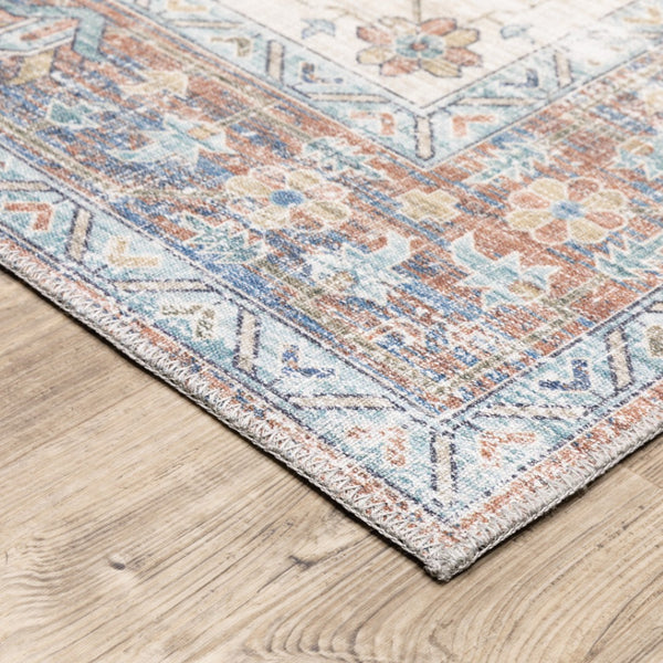 HomeRoots 5' Vibrant Oriental Area Rug in Orange, Blue, Teal, and Beige - Stain-Resistant Durability for Homes 8' X 10' 509523