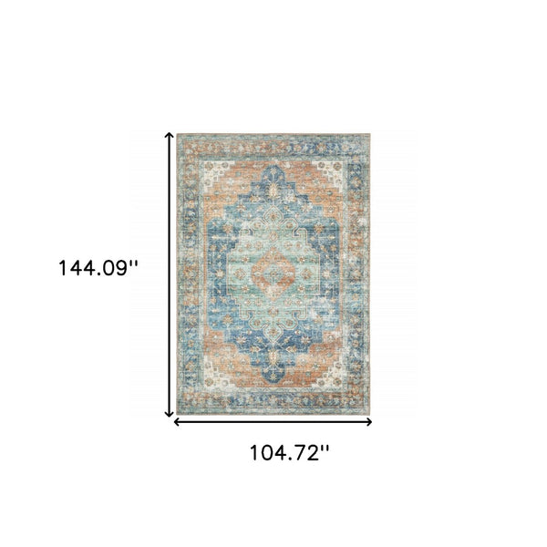 HomeRoots 5' Vibrant Oriental Area Rug in Orange, Blue, Teal, and Beige - Stain-Resistant Durability for Homes 9' X 12' 509524
