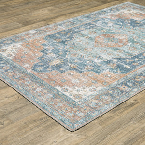 HomeRoots 5' Vibrant Oriental Area Rug in Orange, Blue, Teal, and Beige - Stain-Resistant Durability for Homes 9' X 12' 509524