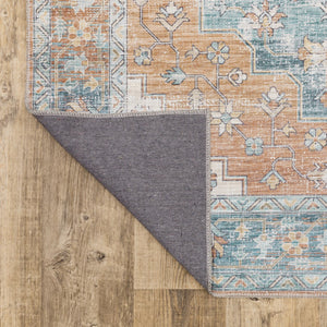 HomeRoots 5' Vibrant Oriental Area Rug in Orange, Blue, Teal, and Beige - Stain-Resistant Durability for Homes 9' X 12' 509524