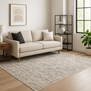 HomeRoots 2' Modern Abstract Power Loom Stain Resistant Runner Rug in Ivory, Grey, Charcoal, and Beige 5' X 8' 509543