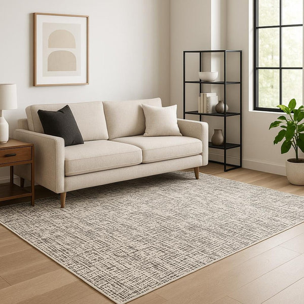 HomeRoots 2' Modern Abstract Power Loom Stain Resistant Runner Rug in Ivory, Grey, Charcoal, and Beige 5' X 8' 509543