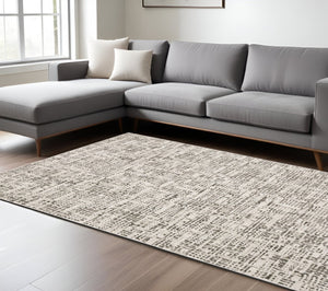 HomeRoots 2' Modern Abstract Power Loom Stain Resistant Runner Rug in Ivory, Grey, Charcoal, and Beige 8' X 11' 509545