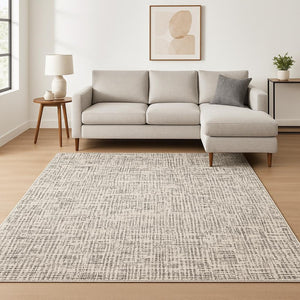 HomeRoots 2' Modern Abstract Power Loom Stain Resistant Runner Rug in Ivory, Grey, Charcoal, and Beige 10' X 13' 509546