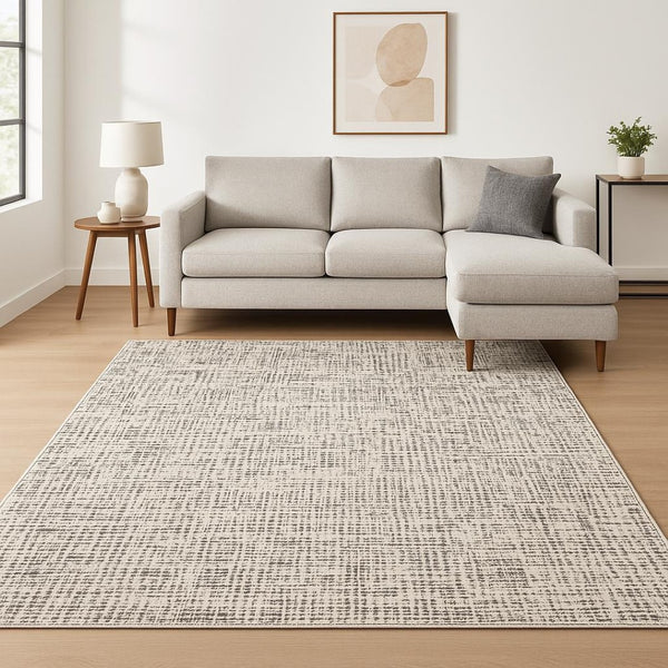 HomeRoots 2' Modern Abstract Power Loom Stain Resistant Runner Rug in Ivory, Grey, Charcoal, and Beige 10' X 13' 509546