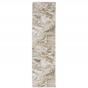 HomeRoots 2' Abstract Power Loom Runner Rug in Ivory Tan Beige Grey Brown - Stain Resistant & Stylish 2'3" x 7'6" 509547