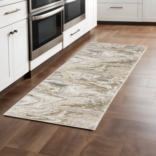 HomeRoots 2' Abstract Power Loom Runner Rug in Ivory Tan Beige Grey Brown - Stain Resistant & Stylish 2'3" x 7'6" 509547