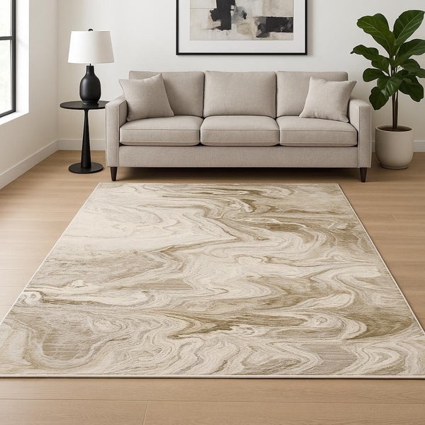 HomeRoots 2' Abstract Power Loom Runner Rug in Ivory Tan Beige Grey Brown - Stain Resistant & Stylish 7' X 10' 509550