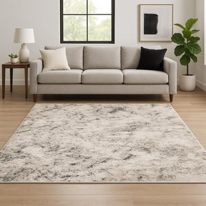 HomeRoots 2' Abstract Power Loom Runner Rug in Ivory, Grey, Black, Beige & Tan - Stain Resistant & Stylish 10' X 13' 509558