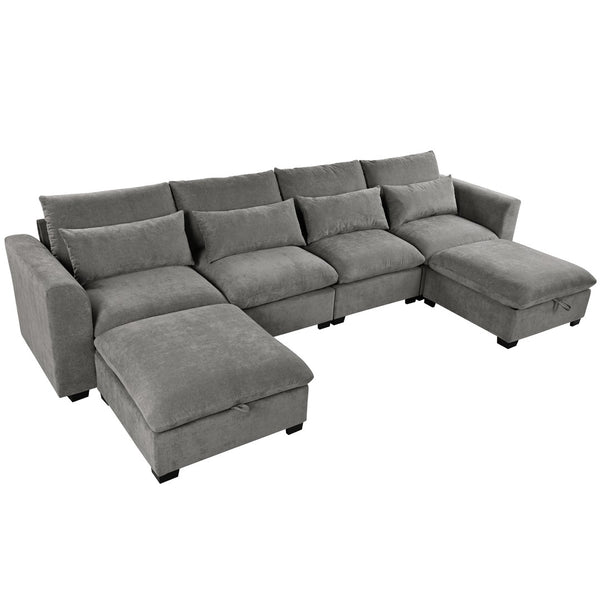 English Elm U_style Modular U-shaped Sectional Sofa with Storage Ottomans Linen Polyester 6 Seat Gray WY000462AAE