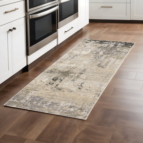 HomeRoots 2' Abstract Power Loom Runner Rug in Neutral Tones – Stain Resistant, Ideal for High-Traffic Areas 2'3" x 7'6" 509565