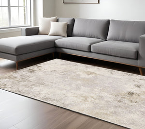 HomeRoots 2' Abstract Runner Rug in Beige, Ivory, Tan, Grey, and Brown - Stain Resistant for High-Traffic Areas 8' X 11' 509575