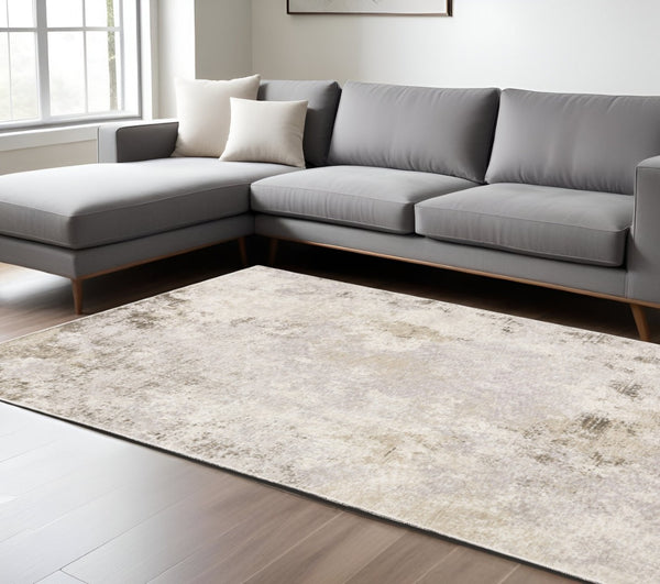 HomeRoots 2' Abstract Runner Rug in Beige, Ivory, Tan, Grey, and Brown - Stain Resistant for High-Traffic Areas 8' X 11' 509575
