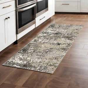 HomeRoots 2' Abstract Power Loom Runner Rug in Grey, Ivory, Beige & Charcoal - Stain Resistant, Modern Design 2'3" x 7'6" 509577