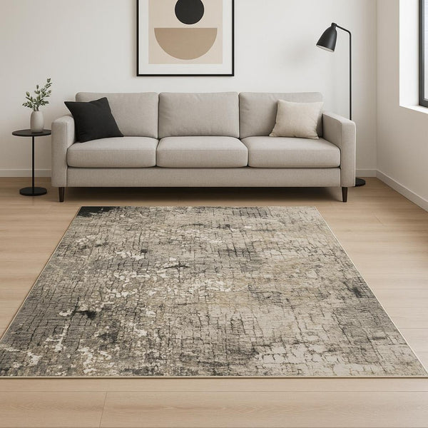 HomeRoots 2' Abstract Power Loom Runner Rug in Grey, Ivory, Beige & Charcoal - Stain Resistant, Modern Design 7' X 10' 509580
