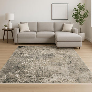 HomeRoots 2' Abstract Power Loom Runner Rug in Grey, Ivory, Beige & Charcoal - Stain Resistant, Modern Design 10' X 13' 509582