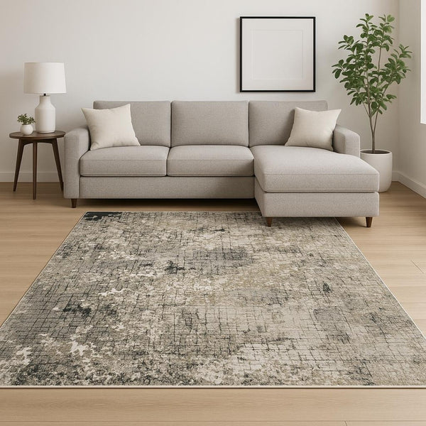 HomeRoots 2' Abstract Power Loom Runner Rug in Grey, Ivory, Beige & Charcoal - Stain Resistant, Modern Design 10' X 13' 509582