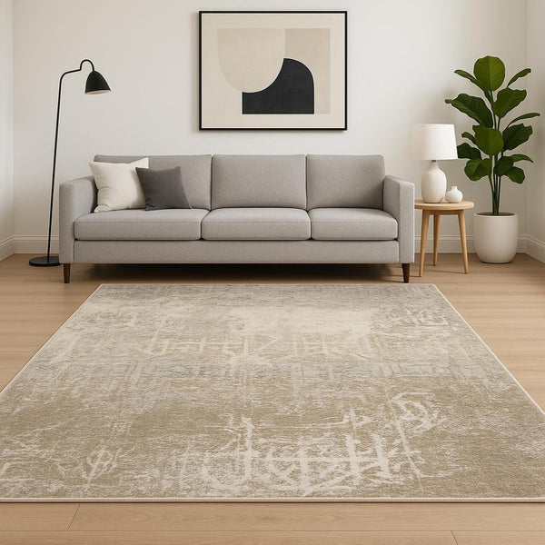 HomeRoots 2' Abstract Power Loom Runner Rug in Ivory, Grey, Tan, Brown & Beige - Stain Resistant & Stylish 7' X 10' 509592