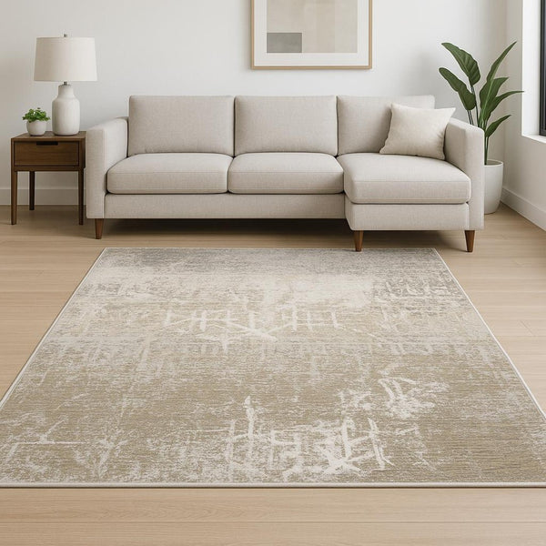 HomeRoots 2' Abstract Power Loom Runner Rug in Ivory, Grey, Tan, Brown & Beige - Stain Resistant & Stylish 8' X 11' 509593