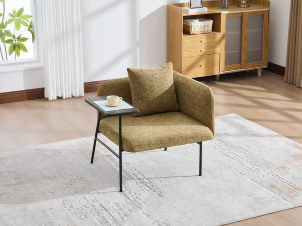 English Elm Leisure Linen Accent Chair with Built-in Side Table Pockets and Lumbar Pillow Modern Yellow W395P453313