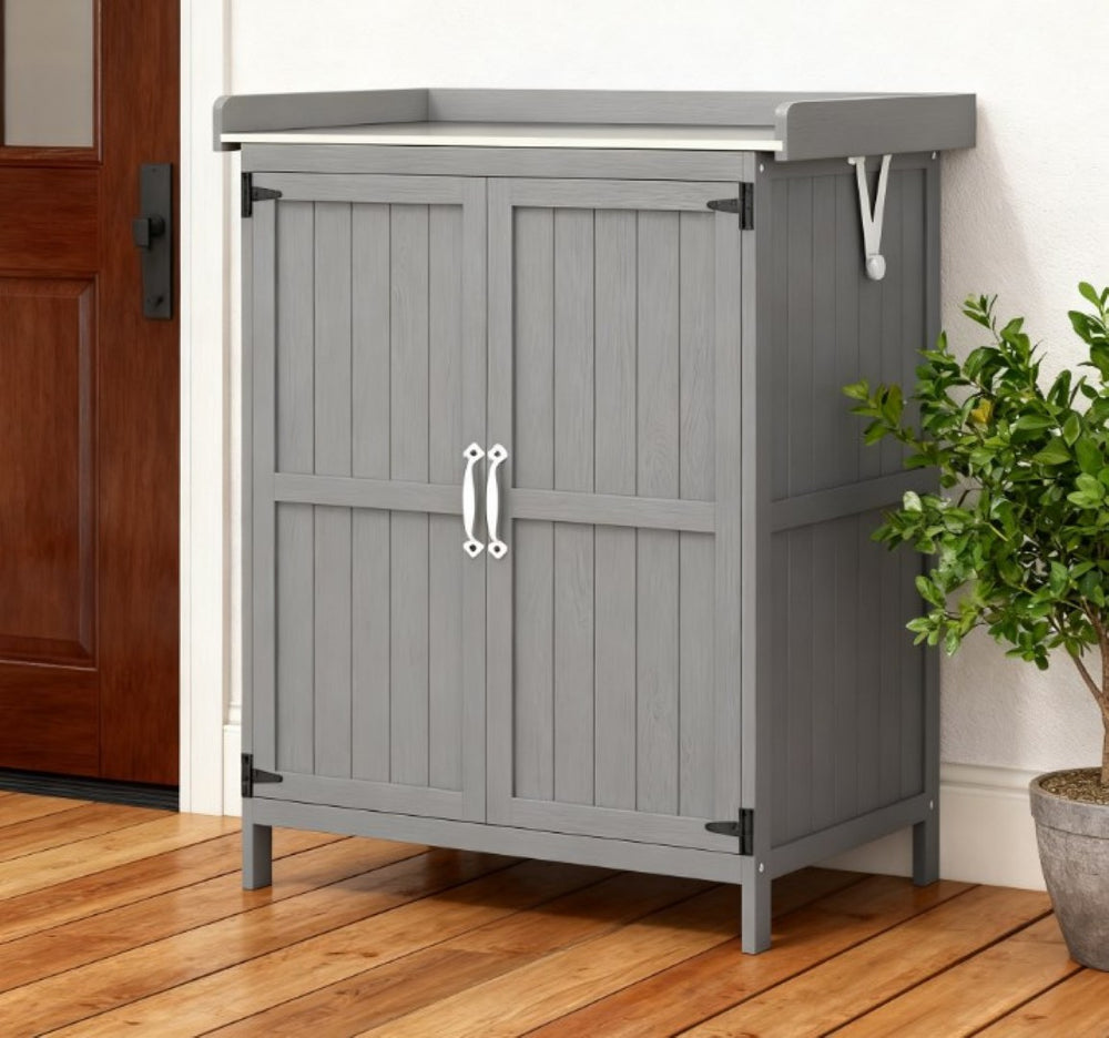English Elm Wooden Garden Potting Bench with Fir Construction Steel Top and Weatherproof Tool Cabinet T3971P423122