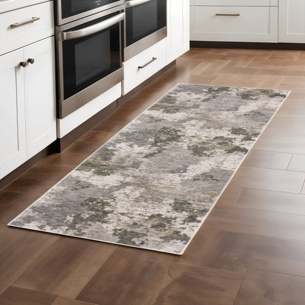HomeRoots 2' Abstract Power Loom Runner Rug in Grey Ivory Beige Tan Brown Black - Stain Resistant & Durable 2'3" x 7'6" 509601