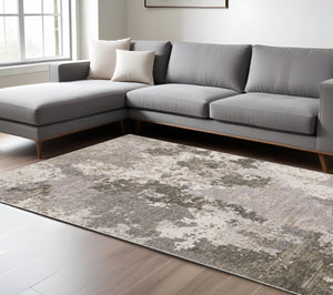 HomeRoots 2' Abstract Power Loom Runner Rug in Grey Ivory Beige Tan Brown Black - Stain Resistant & Durable 7' X 10' 509604
